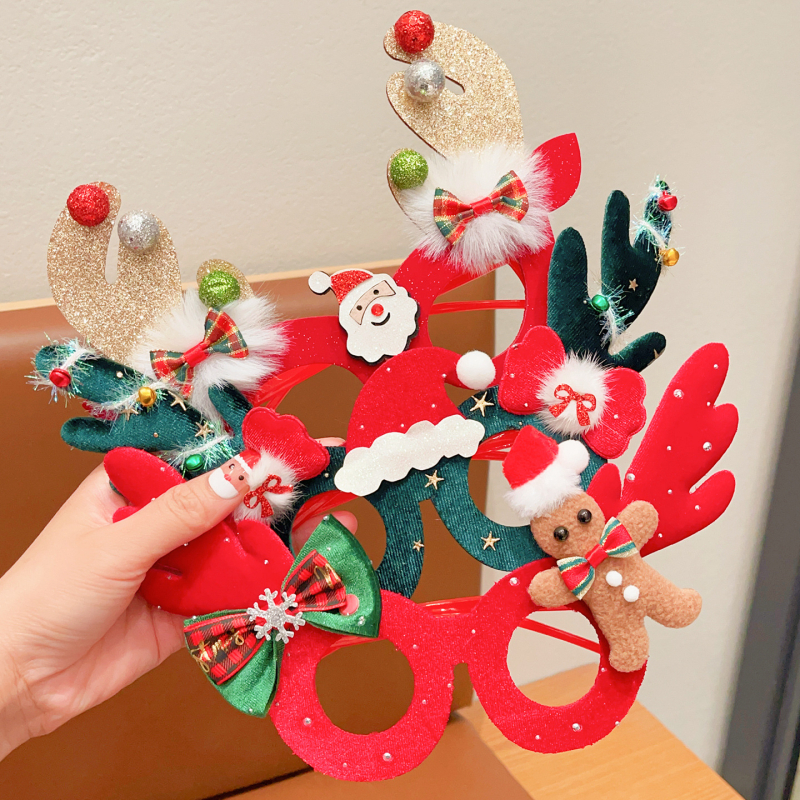 Bērnu Ziemassvētku kostīmu rekvizītu komplekts – brieža ragi, karikatūras maska un brillēm rāmis, rokdarbs no auduma (materiāls: audums; stils: bērni, multenes; piemērots vecums: 3–10 gadi)