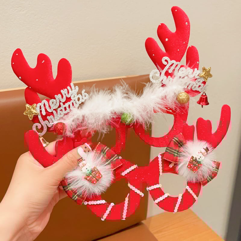 Bērnu Ziemassvētku kostīmu rekvizītu komplekts – brieža ragi, karikatūras maska un brillēm rāmis, rokdarbs no auduma (materiāls: audums; stils: bērni, multenes; piemērots vecums: 3–10 gadi)