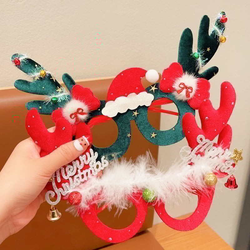 Bērnu Ziemassvētku kostīmu rekvizītu komplekts – brieža ragi, karikatūras maska un brillēm rāmis, rokdarbs no auduma (materiāls: audums; stils: bērni, multenes; piemērots vecums: 3–10 gadi)