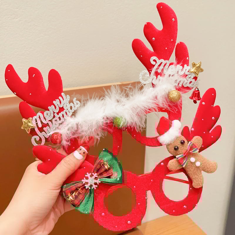 Bērnu Ziemassvētku kostīmu rekvizītu komplekts – brieža ragi, karikatūras maska un brillēm rāmis, rokdarbs no auduma (materiāls: audums; stils: bērni, multenes; piemērots vecums: 3–10 gadi)