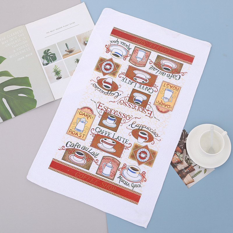 Poliészter mikroszálas konyhai törlőkendő szublimációs nyomtatással, 50 g, nedvességfelvétel 16-20 s, logó nyomtatva, testreszabható