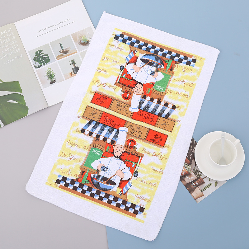 Poliészter mikroszálas konyhai törlőkendő szublimációs nyomtatással, 50 g, nedvességfelvétel 16-20 s, logó nyomtatva, testreszabható