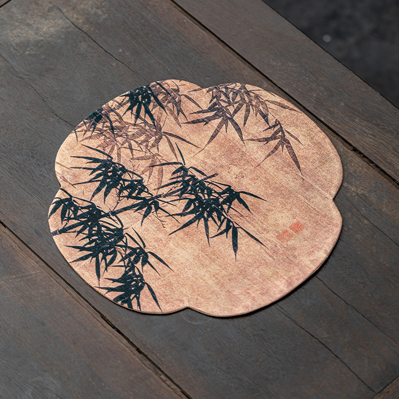 Apskrito formos dviejų pusių izoliacinis arbatos kilimėlis iš audinio su logotipu, kinų stilius