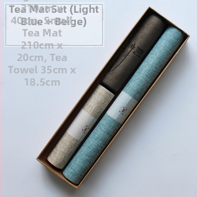 Japoniško stiliaus Zen įkvėptas vandeniui atsparus medvilnės-linų audinio arbatos ceremonijos aksesuarų rinkinys; įsk. arbatos kilimėlis, arbatos servetėlė, stalo kilimėlis ir stalo takelis