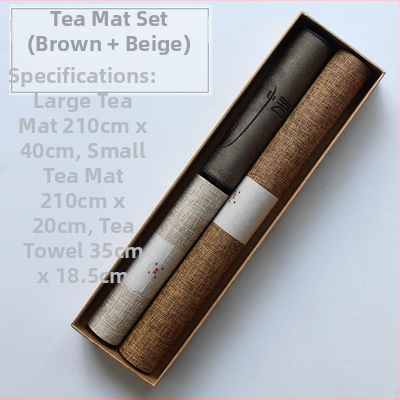 Japoniško stiliaus Zen įkvėptas vandeniui atsparus medvilnės-linų audinio arbatos ceremonijos aksesuarų rinkinys; įsk. arbatos kilimėlis, arbatos servetėlė, stalo kilimėlis ir stalo takelis