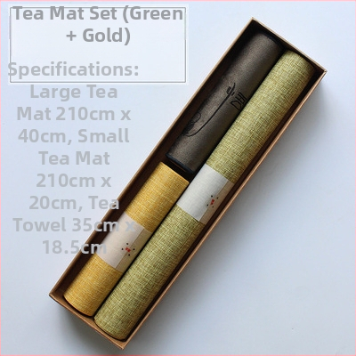 Japoniško stiliaus Zen įkvėptas vandeniui atsparus medvilnės-linų audinio arbatos ceremonijos aksesuarų rinkinys; įsk. arbatos kilimėlis, arbatos servetėlė, stalo kilimėlis ir stalo takelis