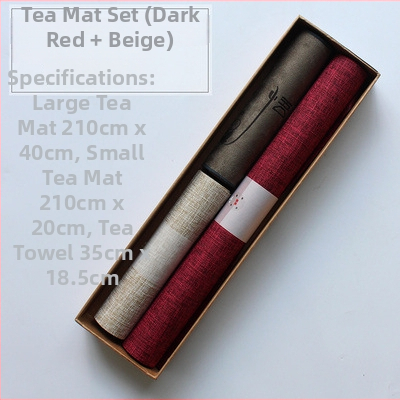 Japoniško stiliaus Zen įkvėptas vandeniui atsparus medvilnės-linų audinio arbatos ceremonijos aksesuarų rinkinys; įsk. arbatos kilimėlis, arbatos servetėlė, stalo kilimėlis ir stalo takelis