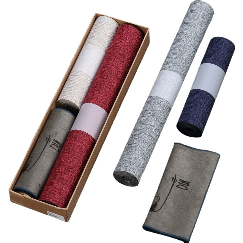 Japoniško stiliaus Zen įkvėptas vandeniui atsparus medvilnės-linų audinio arbatos ceremonijos aksesuarų rinkinys; įsk. arbatos kilimėlis, arbatos servetėlė, stalo kilimėlis ir stalo takelis