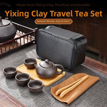 Pārvietojams tējas komplekts no Zisha māla, ceļojumu soma, bambusa paliktnis, pielāgots logo, 3–5 cilvēkiem