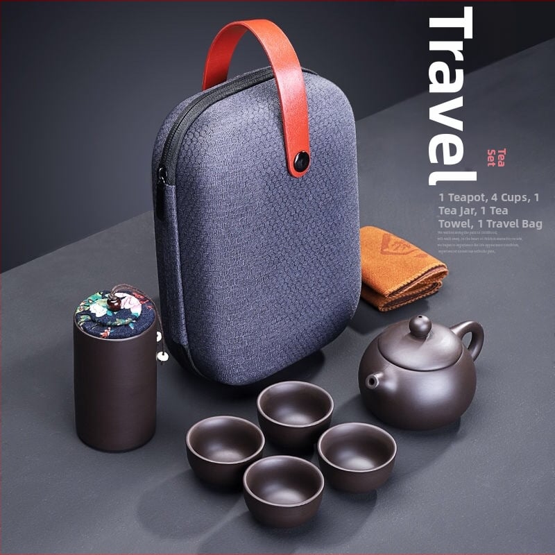 Pārvietojams tējas komplekts no Zisha māla, ceļojumu soma, bambusa paliktnis, pielāgots logo, 3–5 cilvēkiem