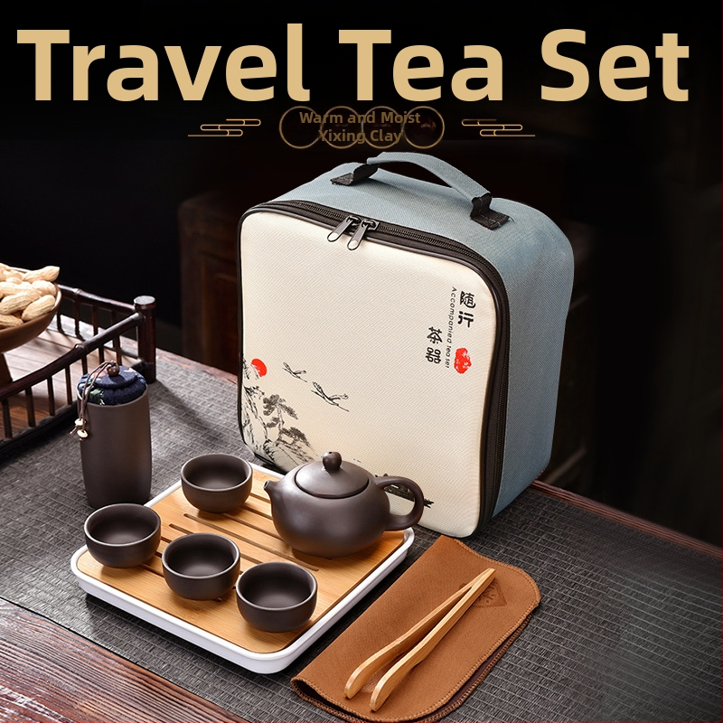 Prenosný čajový set zo Zisha hliny s cestovným puzdrom, bambusový tác, vlastné logo, pre 3–5 osôb