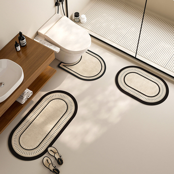 WC trodijelni set - prostirka za pod od diatomijske gline, ovalni oblik, prugasti i geometrijski uzorak, toplinski prijenos, kupaonica, moderni minimalizam