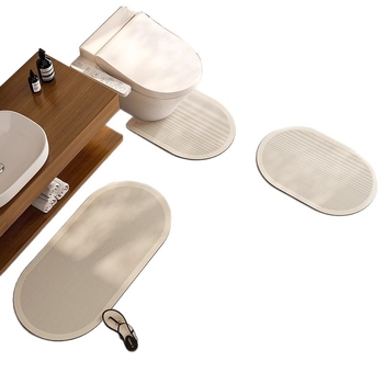 WC trodijelni set - prostirka za pod od diatomijske gline, ovalni oblik, prugasti i geometrijski uzorak, toplinski prijenos, kupaonica, moderni minimalizam
