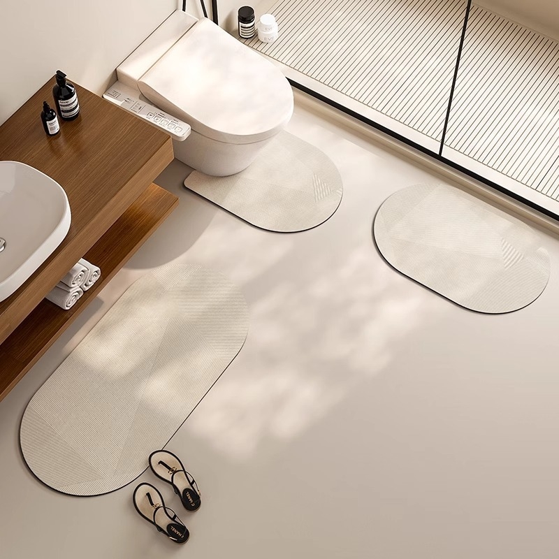 WC trodijelni set - prostirka za pod od diatomijske gline, ovalni oblik, prugasti i geometrijski uzorak, toplinski prijenos, kupaonica, moderni minimalizam