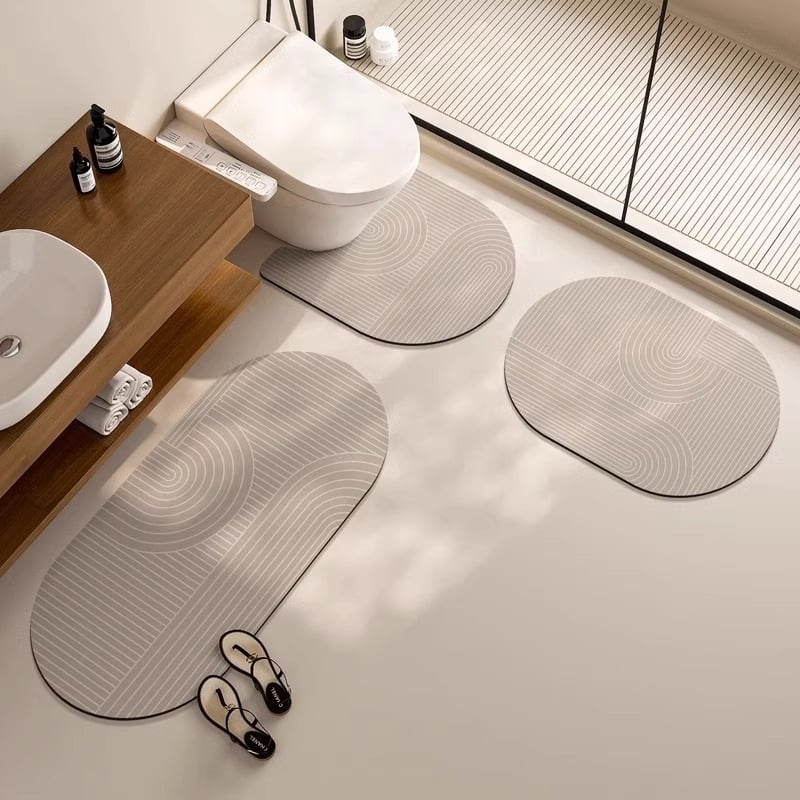 WC trodijelni set - prostirka za pod od diatomijske gline, ovalni oblik, prugasti i geometrijski uzorak, toplinski prijenos, kupaonica, moderni minimalizam