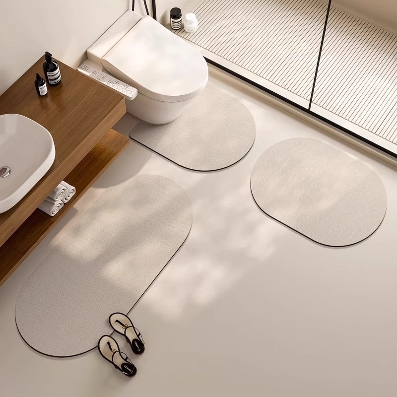 WC trodijelni set - prostirka za pod od diatomijske gline, ovalni oblik, prugasti i geometrijski uzorak, toplinski prijenos, kupaonica, moderni minimalizam