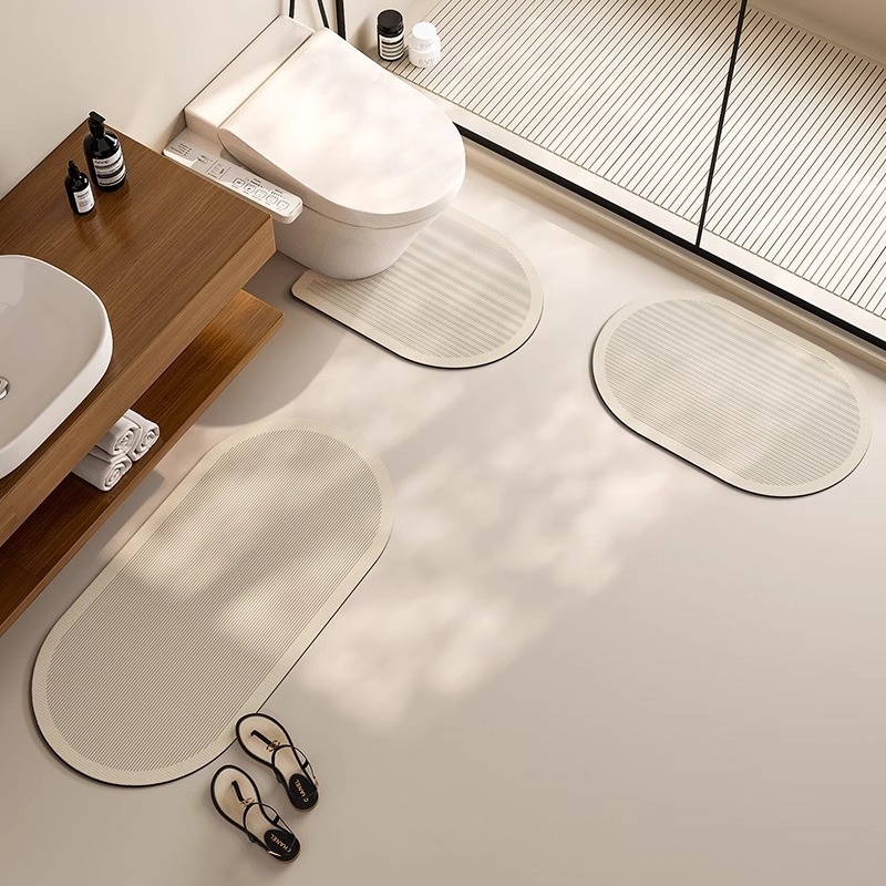 WC trodijelni set - prostirka za pod od diatomijske gline, ovalni oblik, prugasti i geometrijski uzorak, toplinski prijenos, kupaonica, moderni minimalizam