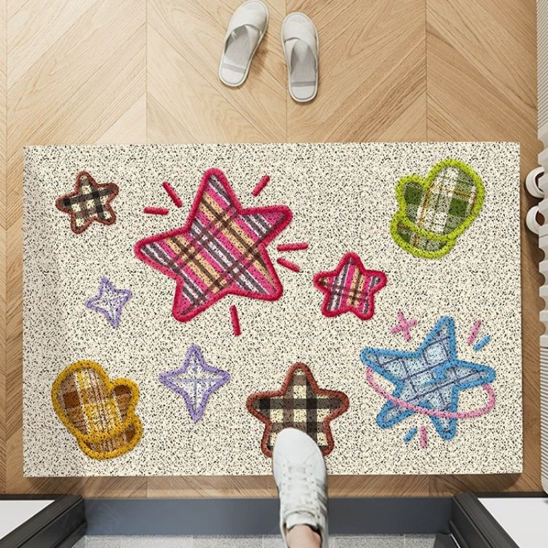 Ulazni tepih s uzorkom zvjezdice, PVC, tkanje od svilenih petlji, za ulaz, ručno pranje, crtani stil