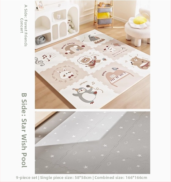 Omavahel ühenduv XPE-matt, ohutu ja lõhnatu, ökoloogiline materjal, sobiv imikutele ja väikelastele vanuses 0–3 aastat, soodustab visuaalset ja kognitiivset arengut, roomamine ja käe-silma koordineerimine