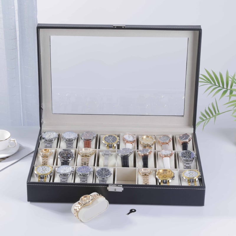 Laikrodžių laikymo dėžutė, pritaikyta oda, stačiakampio formos, daugiasluoksnė įpakavimas, tinkama dovanai