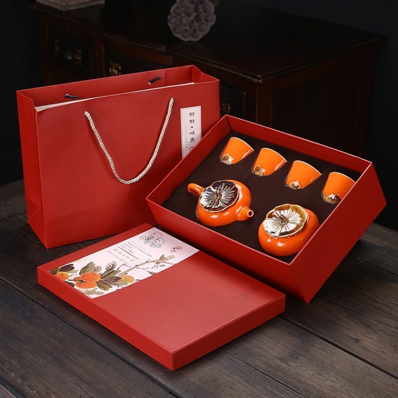 Keramiskas tējas komplekts ar pielāgotu logotipu, dāvanu kastē, sarkanā glazūra, augstas temperatūras izturība