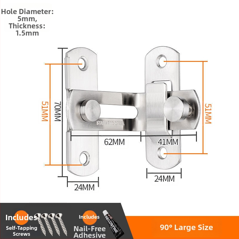 Durvju aizslēga bez urbšanas, 90° leņķa dizains, nerūsējošais tērauds 201, pulēta virsma, mūsdienīgs minimālisma stils