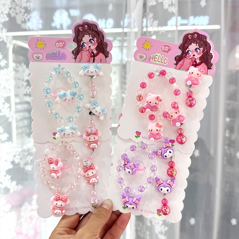 Dječji set nakita s crtić likovima — ručno izrađeni od plastike/smole; narukvica, prsten i ušni klipsovi za djecu 3–10 godina