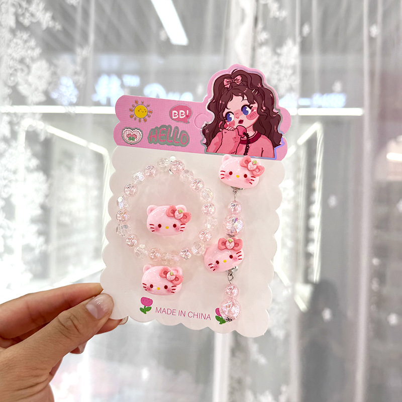 Dječji set nakita s crtić likovima — ručno izrađeni od plastike/smole; narukvica, prsten i ušni klipsovi za djecu 3–10 godina