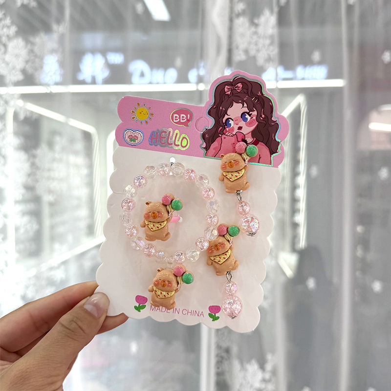 Dječji set nakita s crtić likovima — ručno izrađeni od plastike/smole; narukvica, prsten i ušni klipsovi za djecu 3–10 godina