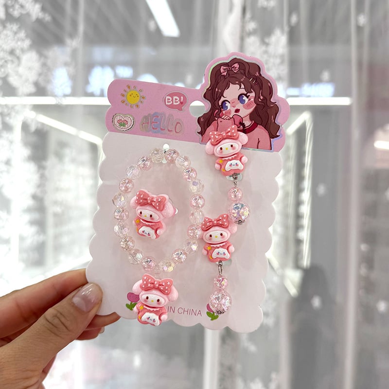 Dječji set nakita s crtić likovima — ručno izrađeni od plastike/smole; narukvica, prsten i ušni klipsovi za djecu 3–10 godina