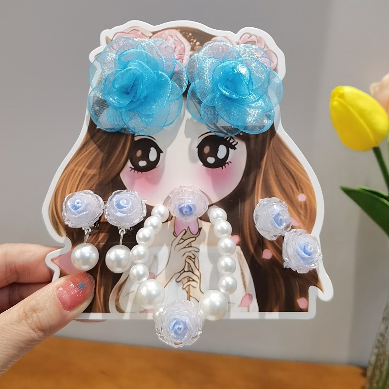 Detský set šperkov: náramok, prsteň a náušnice s dizajnom ruže – ručne vyrobené z plastu, pre deti od 3 do 10 rokov