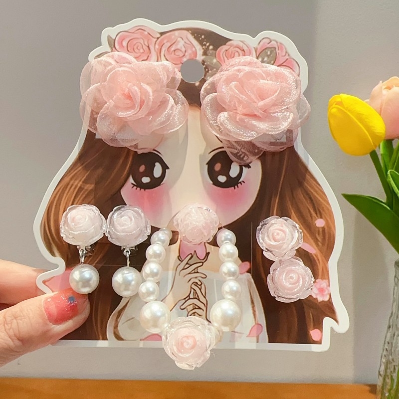 Detský set šperkov: náramok, prsteň a náušnice s dizajnom ruže – ručne vyrobené z plastu, pre deti od 3 do 10 rokov