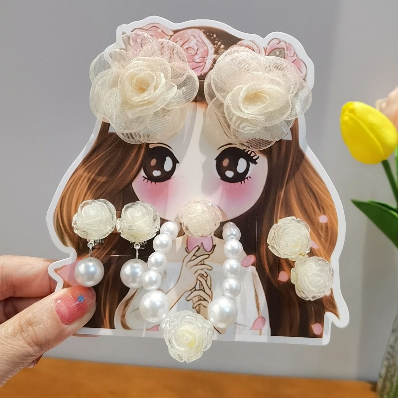 Detský set šperkov: náramok, prsteň a náušnice s dizajnom ruže – ručne vyrobené z plastu, pre deti od 3 do 10 rokov