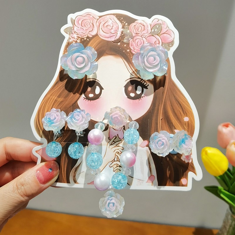 Detský set šperkov: náramok, prsteň a náušnice s dizajnom ruže – ručne vyrobené z plastu, pre deti od 3 do 10 rokov