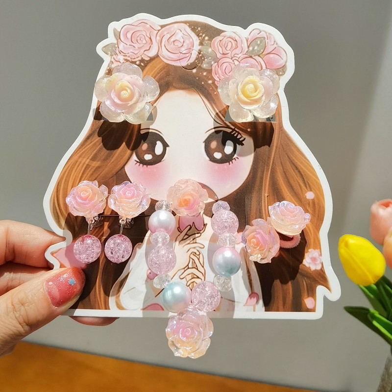 Detský set šperkov: náramok, prsteň a náušnice s dizajnom ruže – ručne vyrobené z plastu, pre deti od 3 do 10 rokov