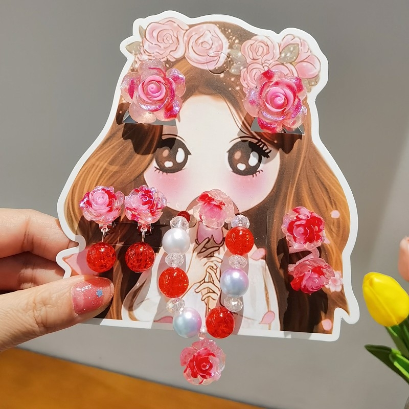 Detský set šperkov: náramok, prsteň a náušnice s dizajnom ruže – ručne vyrobené z plastu, pre deti od 3 do 10 rokov