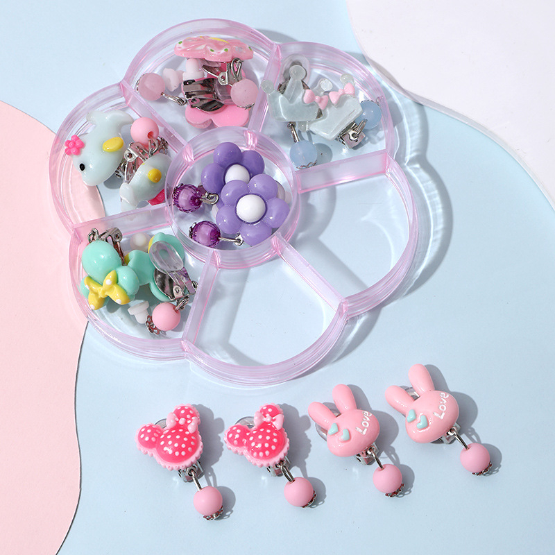 Klipu auskari bērniem ar ziedu rakstu, plastmasa/sveķi, Princeses sērija, vecums virs 10 gadiem, pielāgošana pieejama.