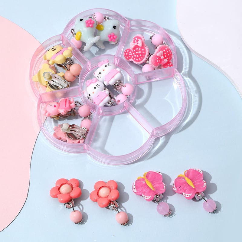 Klipu auskari bērniem ar ziedu rakstu, plastmasa/sveķi, Princeses sērija, vecums virs 10 gadiem, pielāgošana pieejama.