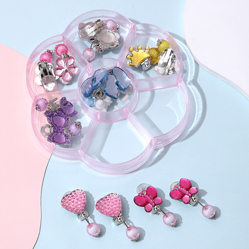 Klipu auskari bērniem ar ziedu rakstu, plastmasa/sveķi, Princeses sērija, vecums virs 10 gadiem, pielāgošana pieejama.