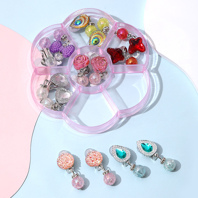 Klipu auskari bērniem ar ziedu rakstu, plastmasa/sveķi, Princeses sērija, vecums virs 10 gadiem, pielāgošana pieejama.