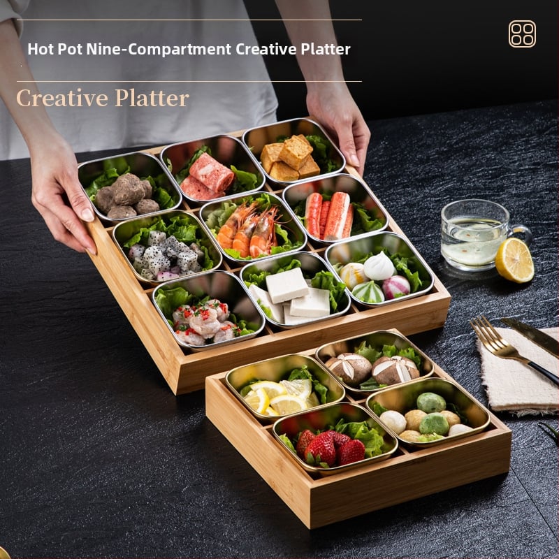 Bambusest ruutplaatide komplekt üheksa kambriga – bambusserveerimisnõud, kaasaegne lihtne stiil, sobib hotellidele, lansseeritud 2023.