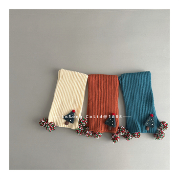 Bērnu šalle ar pūciņiem, ribotā adījumā, korejiešu stila iedvesa, kokvilna, warp-knit monokromāds raksts, saglabā siltumu rudenī un ziemā