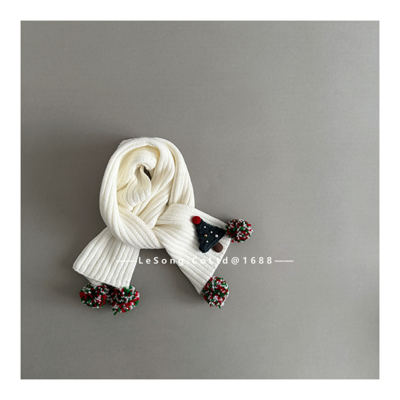 Bērnu šalle ar pūciņiem, ribotā adījumā, korejiešu stila iedvesa, kokvilna, warp-knit monokromāds raksts, saglabā siltumu rudenī un ziemā