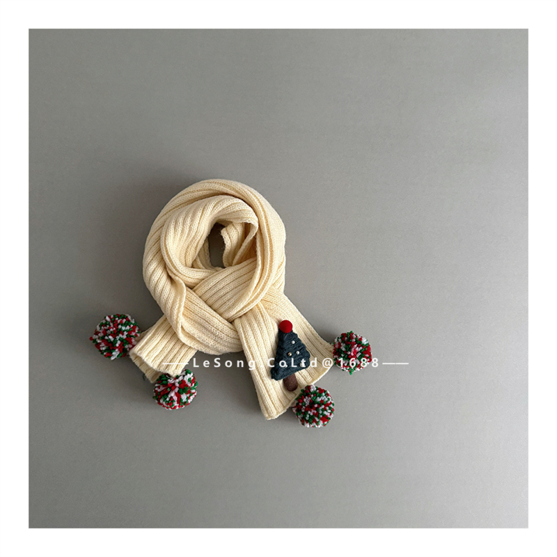 Bērnu šalle ar pūciņiem, ribotā adījumā, korejiešu stila iedvesa, kokvilna, warp-knit monokromāds raksts, saglabā siltumu rudenī un ziemā