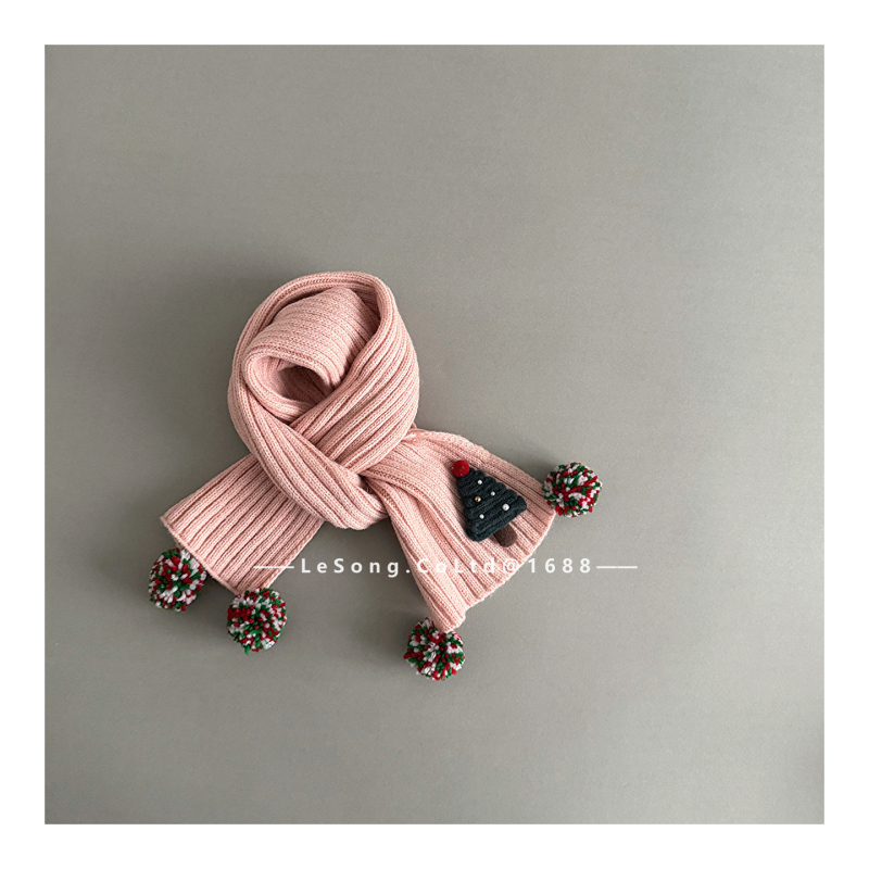 Bērnu šalle ar pūciņiem, ribotā adījumā, korejiešu stila iedvesa, kokvilna, warp-knit monokromāds raksts, saglabā siltumu rudenī un ziemā