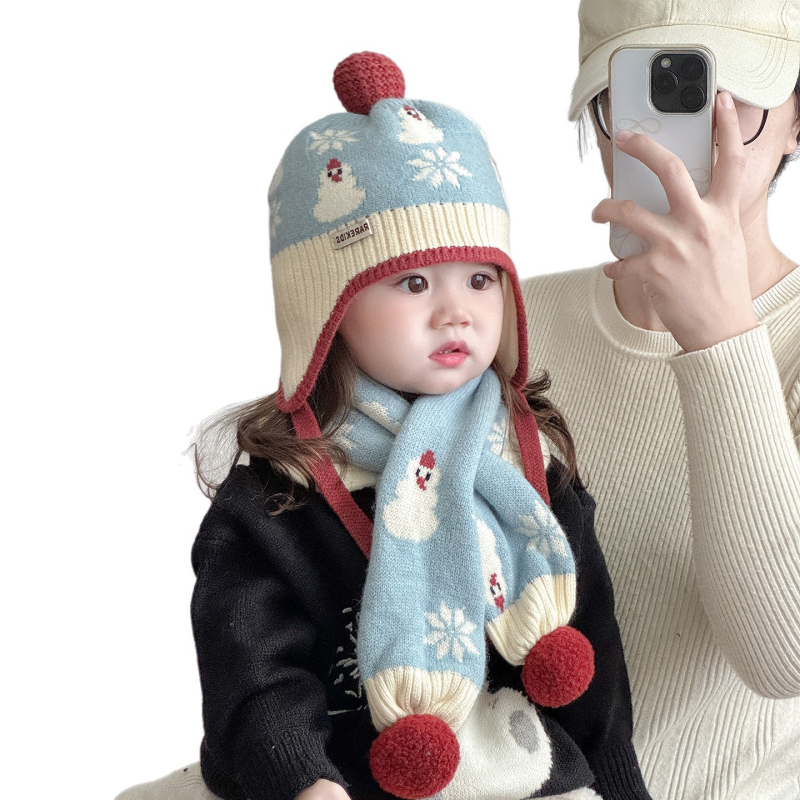 Bebi zimski set kapa i šal – pletena kapa s kupolastim oblikom i rubom, jacquard pletenje, zadržava toplinu, otporna na vjetar, za dob 0–6 mjeseci, marka Yumo