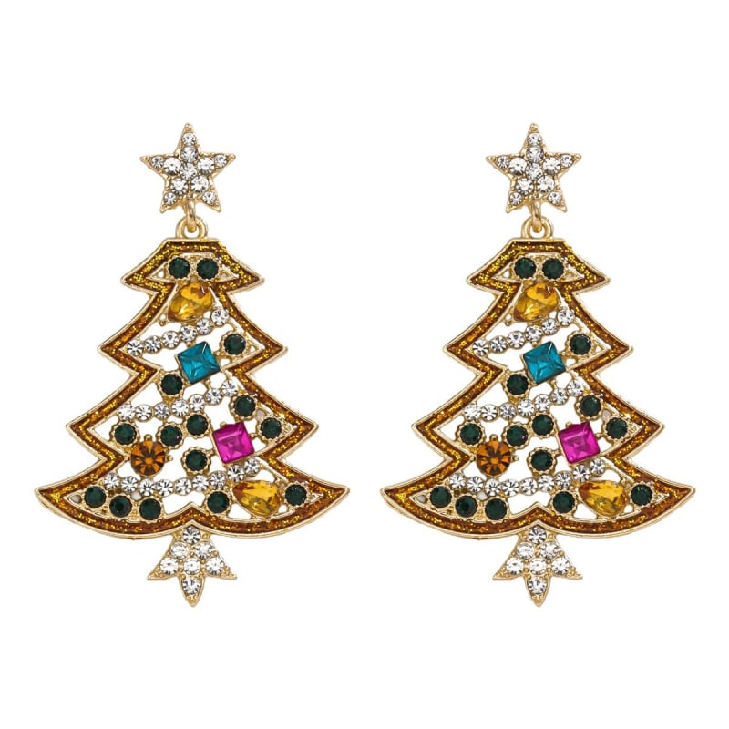 Dvacaman ģeometriskie auskari no sakausējuma — sniegavīra un Ziemassvētku eglītes motīvi, piecu punktu zvaigzne, rudens 2025, viegls luksusa stils