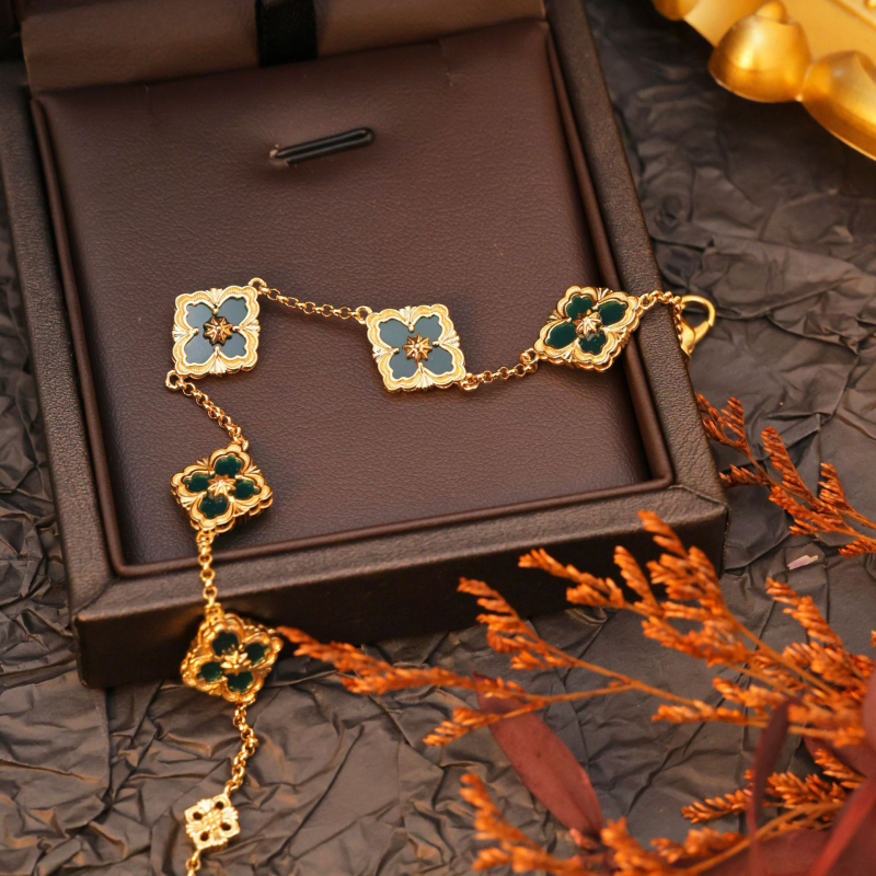 Női karkötő, koreai stílusú virág-levél-rombusz dizájn, réz, elektroplatálás