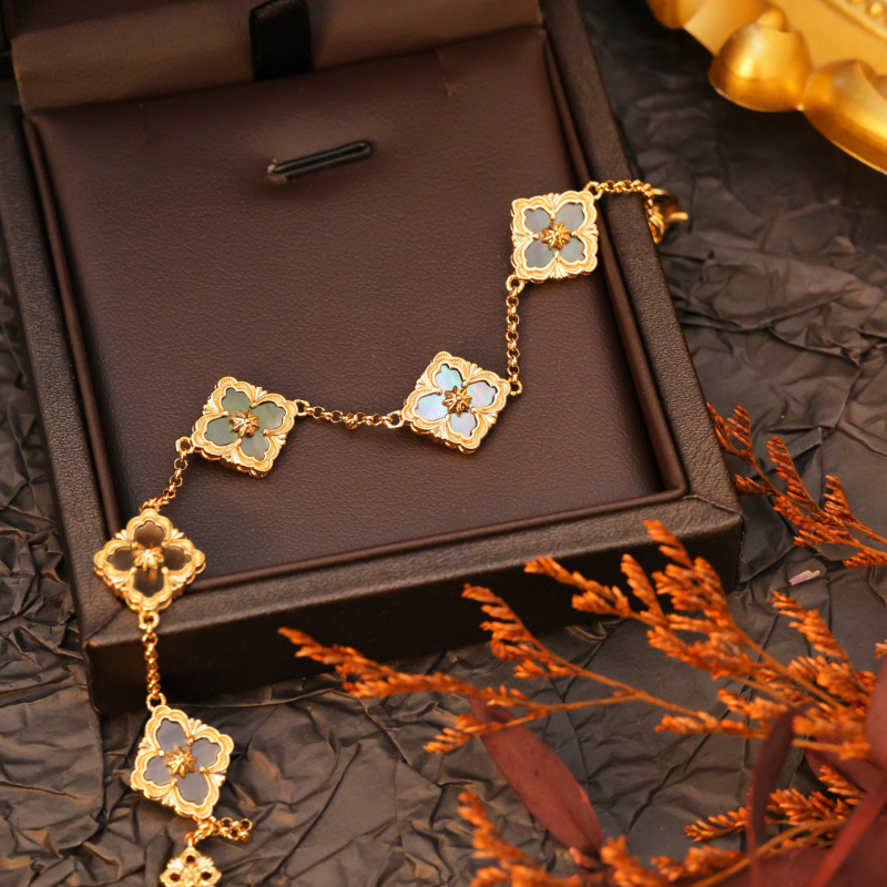 Női karkötő, koreai stílusú virág-levél-rombusz dizájn, réz, elektroplatálás