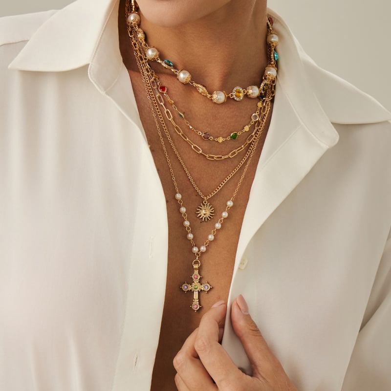 Fém nyaklánc keresztes medállal, többszintű kivitel, kulcscsonti nyaklánc, elektroplatált